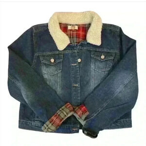 LEI Women's Denim Jacket M Blue Sherpa Collar Plaid Lining Casual